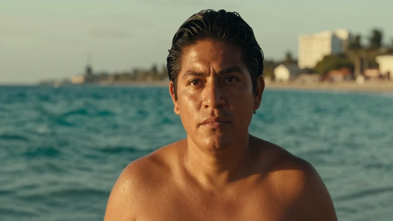 Mexicano mestizo disfruta playa al atardecer