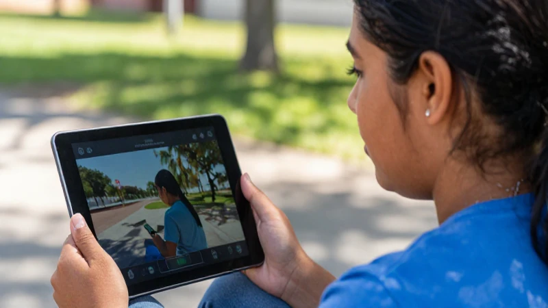 Joven mestiza, tablet, sol y colores vibrantes