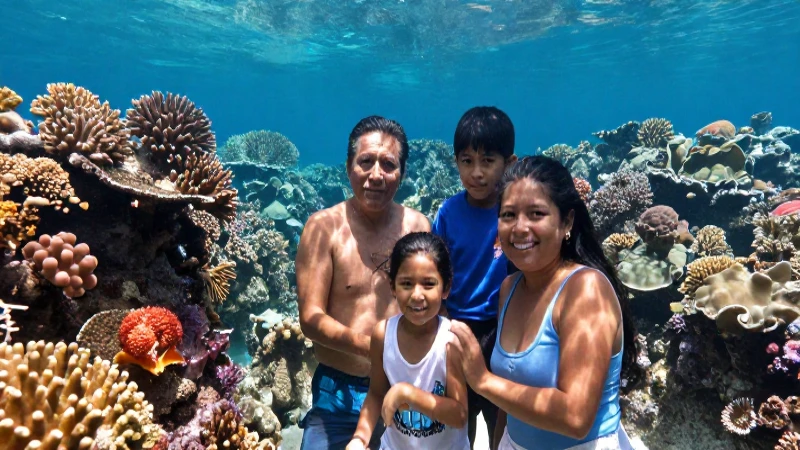 Familia colimense feliz en vibrante arrecife