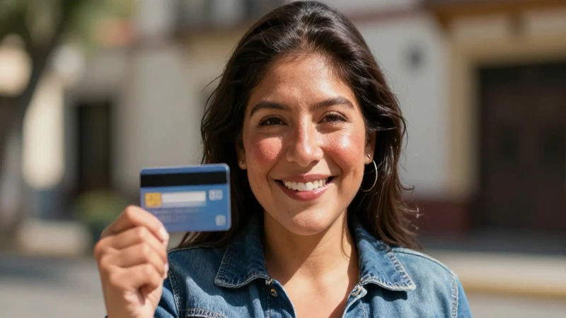 Mujer mestiza sonriente con tarjeta de crédito