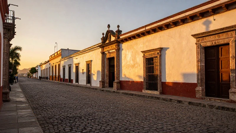 Calle colonial, luz dorada, colorido mexicano