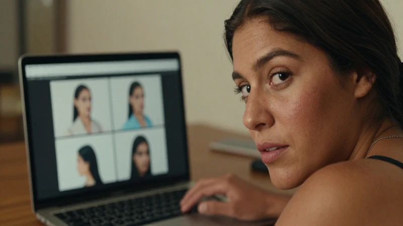 Joven mestiza con piel bronceada, trabaja en laptop