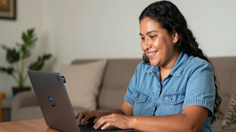Mexicana sonriente en casa, usando Amazon