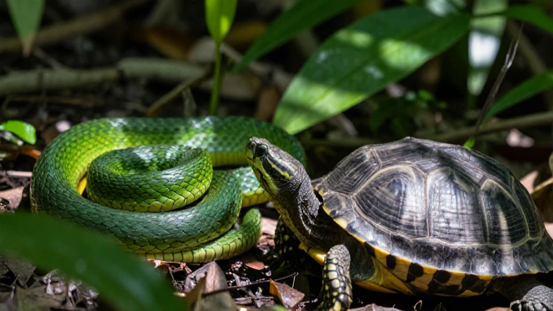 ANIMALES DE CAMPECHE: DESCUBRE 10 ESPECIES ASOMBROSAS 6 Serpiente verde, tortuga, luz y folleaje selvático