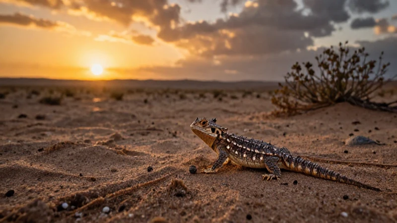 ANIMALES DE GUANAJUATO: DESCUBRE SU FLORA Y FAUNA ÚNICA 6 Lagarto en paisaje árido, luz dorada cinematográfica