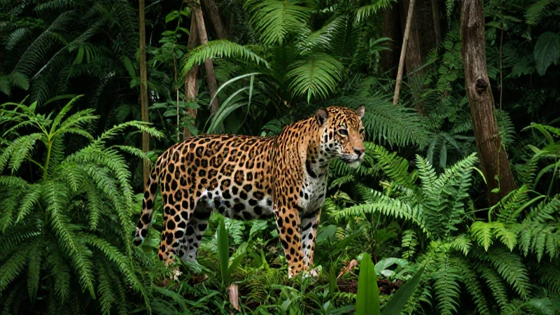 Jaguar en selva, colores vívidos y realista