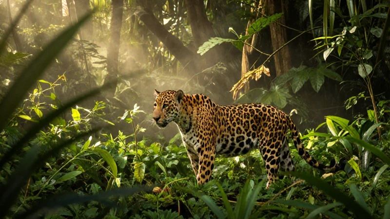 Jaguar majestuoso en selva con luz dorada