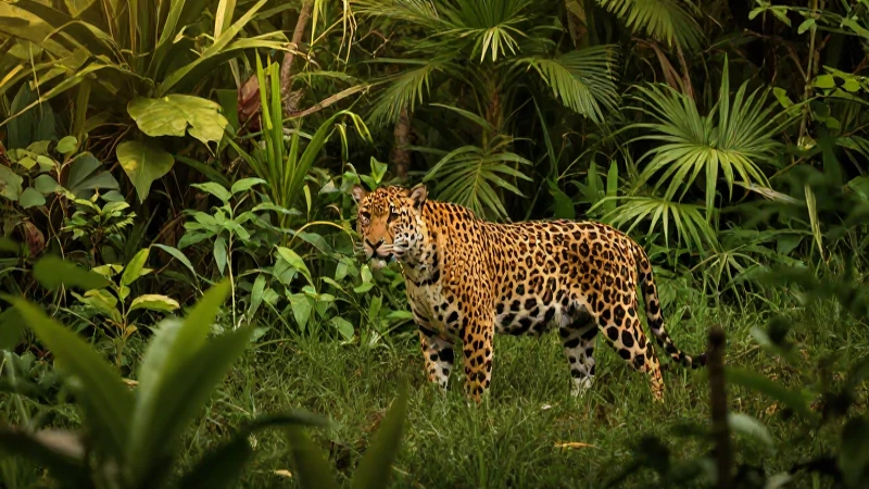 ANIMALES DE NAYARIT: DESCUBRE SU IMPACTANTE FLORA Y FAUNA 5 Jaguar en selva, luz dorada, detalle vibrante