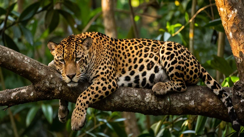 ANIMALES DE NAYARIT: DESCUBRE SU IMPACTANTE FLORA Y FAUNA 7 Jaguar descansa, exuberante selva, luz dorada