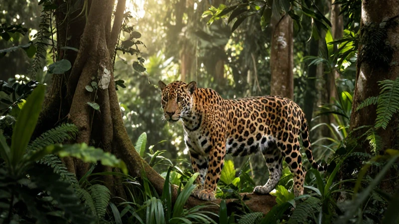 ANIMALES DE NAYARIT: DESCUBRE SU IMPACTANTE FLORA Y FAUNA 1 Jaguar majestuoso en selva hiperrealista