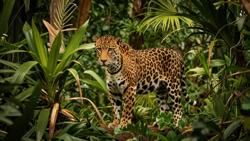 Fascinante Fauna de Puebla: ¡Descubre Sus Especies Únicas! 5 Jaguar en la selva, colores cálidos y vibrantes
