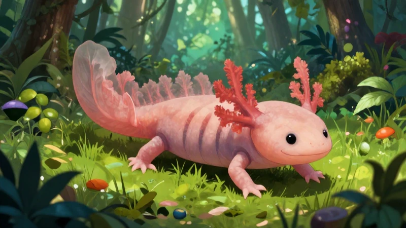 Axolote en bosque fantástico, luz natural