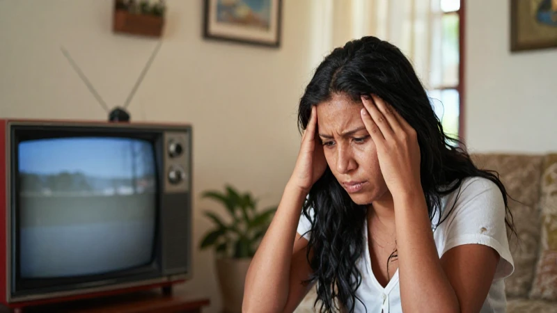 Mujer frustrada intenta arreglar la mala señal de TV