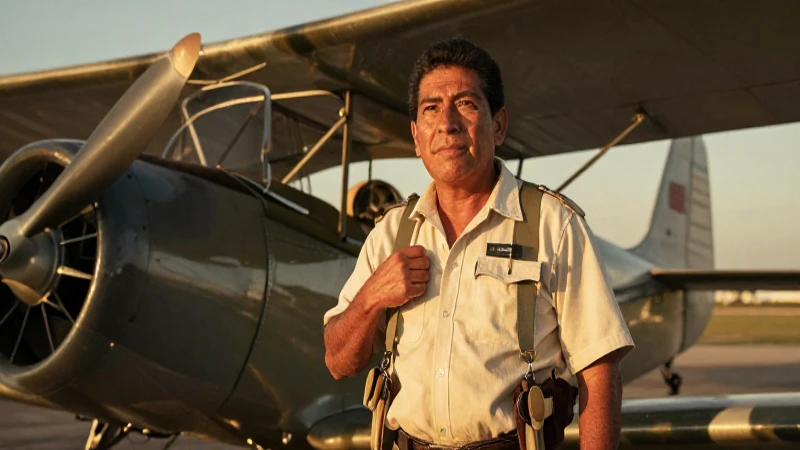 Piloto mestizo vuela en avión vintage al atardecer