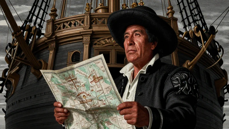 Un galleón mexicano observa un mapa al horizonte
