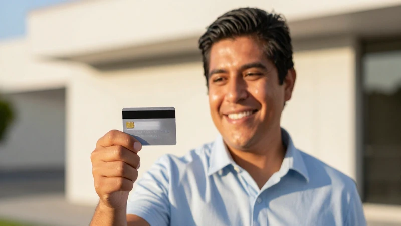 Persona mestiza sonriendo con tarjeta bancaria