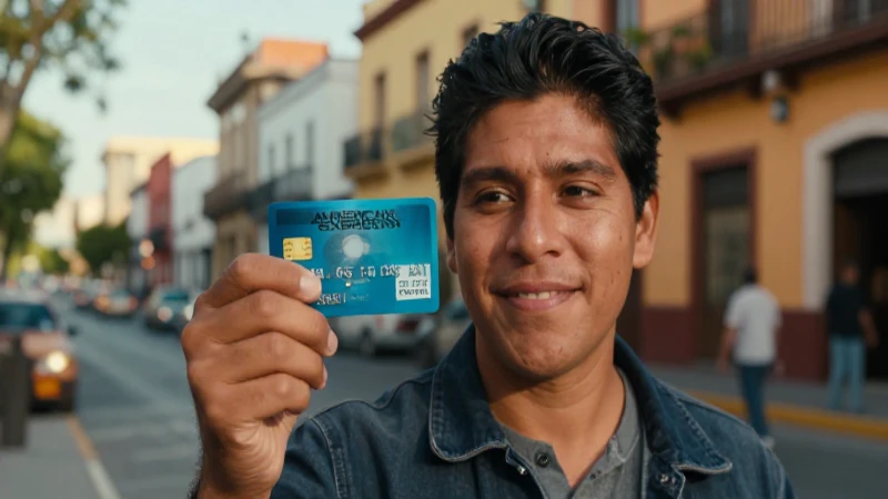 Mujer mestiza, tarjeta Amex, calle soleada