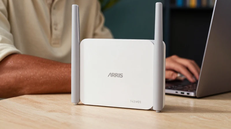 Configuración rápida y sencilla del Modem Arris TG2482A 5 Mestizo con laptop, luz cálida, Arris TG2482A