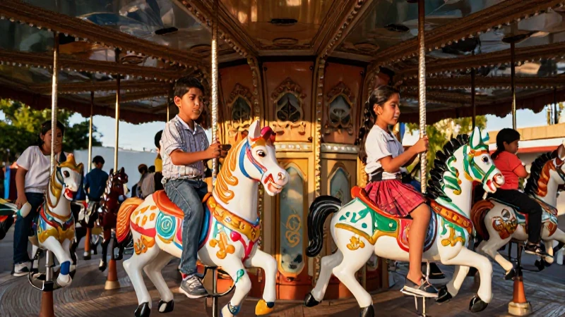 Niños mestizos disfrutan un carrusel al atardecer
