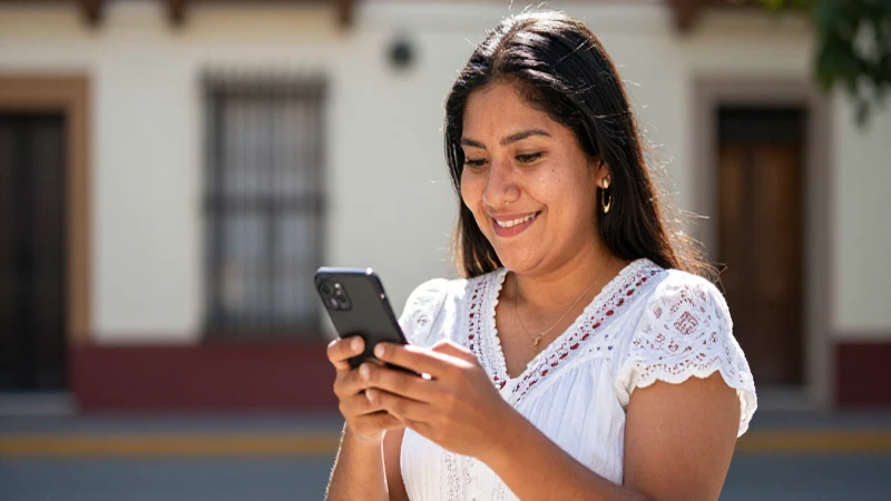Mujer mexicana sonríe con el móvil