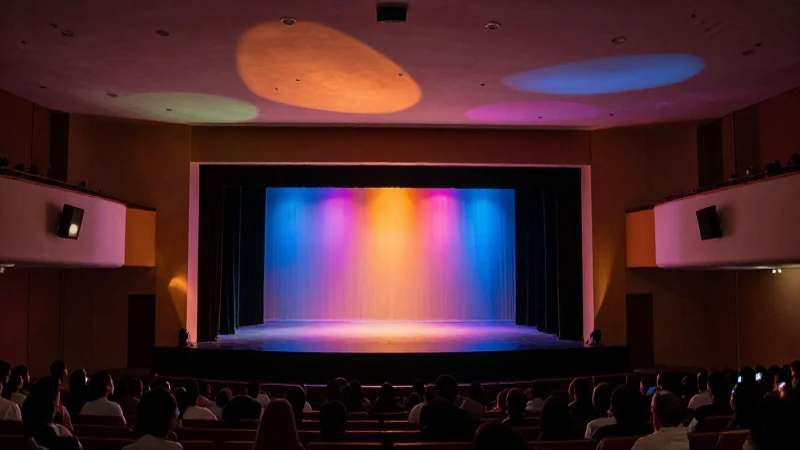 Escenario vibrante con audiencia silueteada y cálida luz