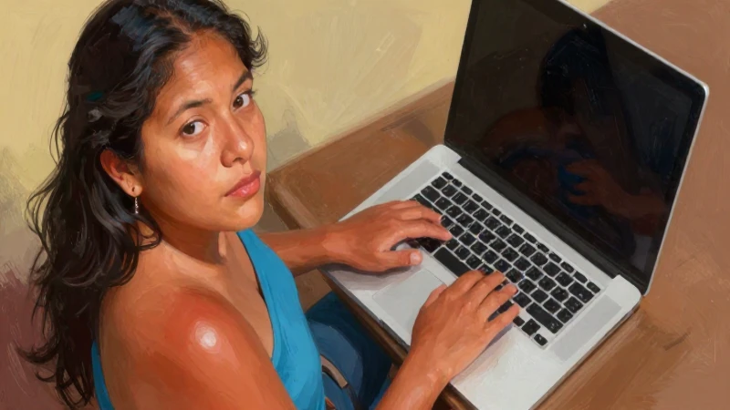 Joven mestiza con laptop bajo luz cálida