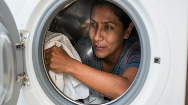 Cómo limpiar efectivamente la Lavadora Mabe en México 4 Mujer mestiza lava una lavadora Mabe