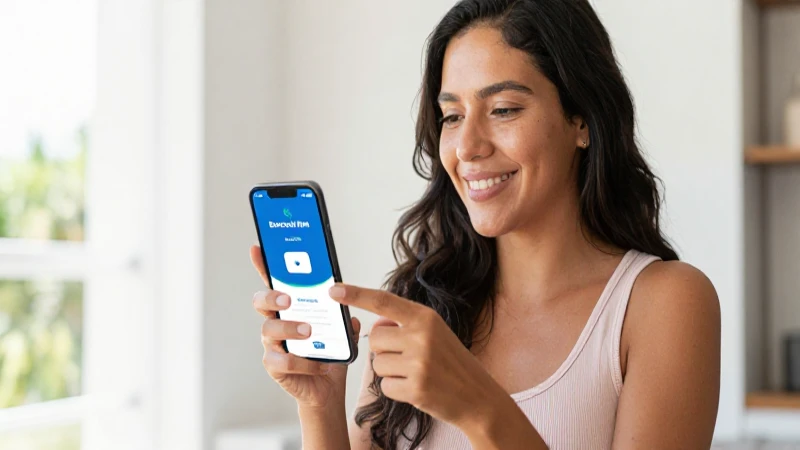 Cómo se integra Banco Azteca en Bancomer Móvil 3 Mujer mexicana usa Bancomer Móvil, sonriendo