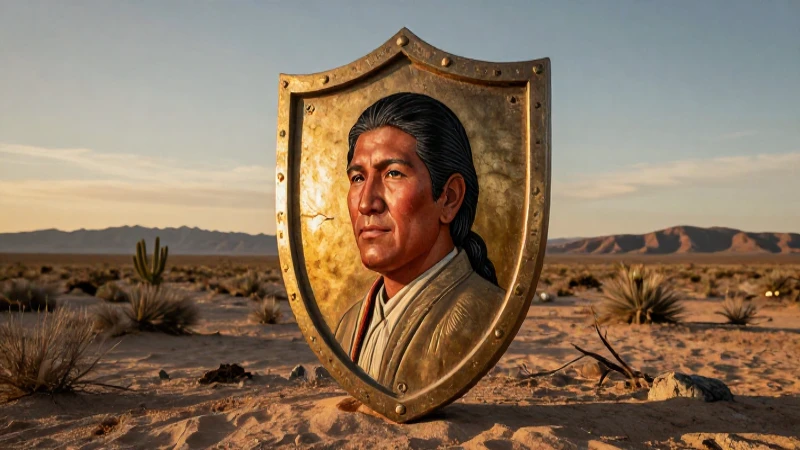 Orgullo mestizo sostiene un escudo al atardecer