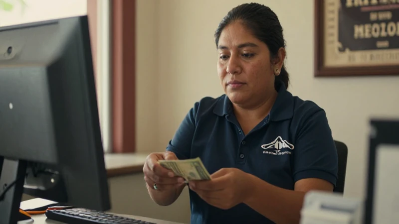 Mujer mestiza, cajera, cambia dinero sonriendo