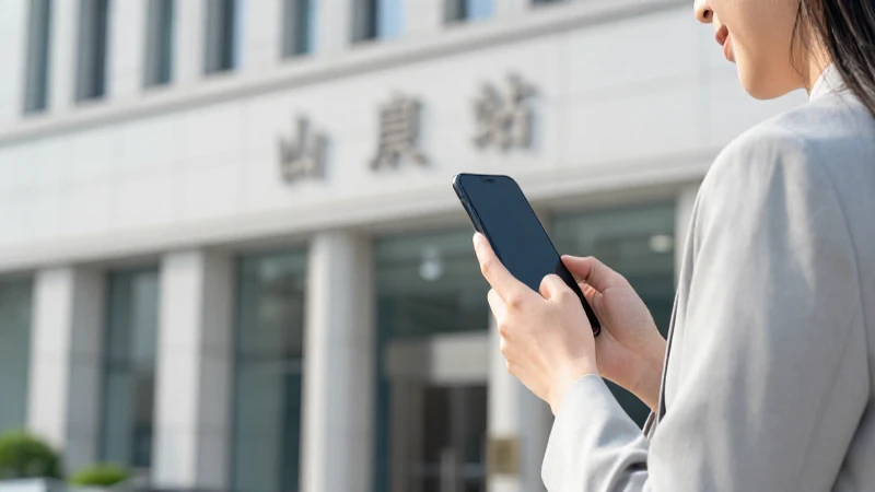 Mujer usa smartphone ante un banco moderno