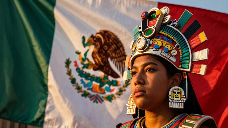 Bandera de México: Su Historia y Significado Revelados 10 Bandera mexicana, tocado azteca, luz dorada dramática