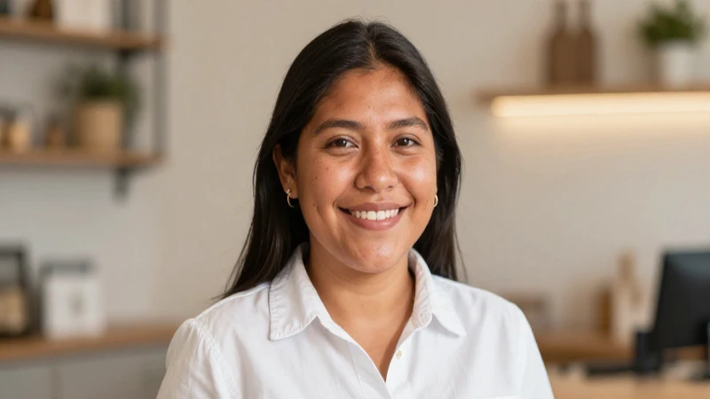 Cliente mexicano sonriendo en un estudio cálido
