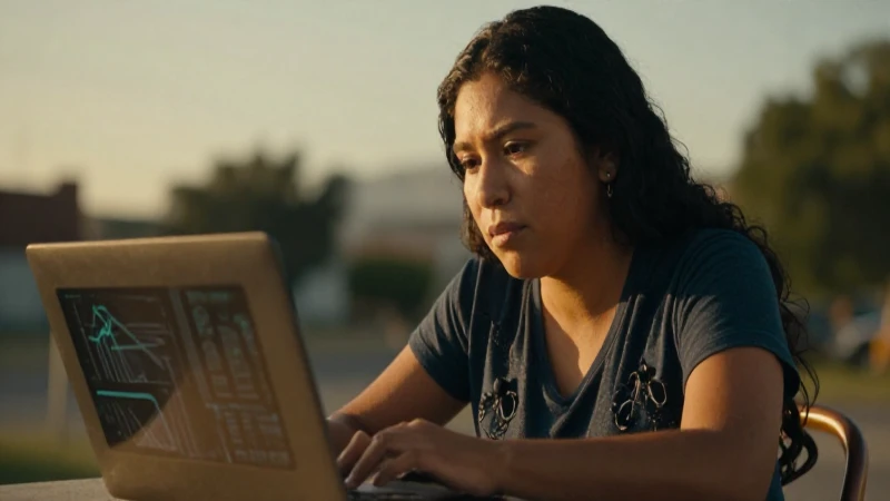 Estudiante mestizo analiza datos en su laptop