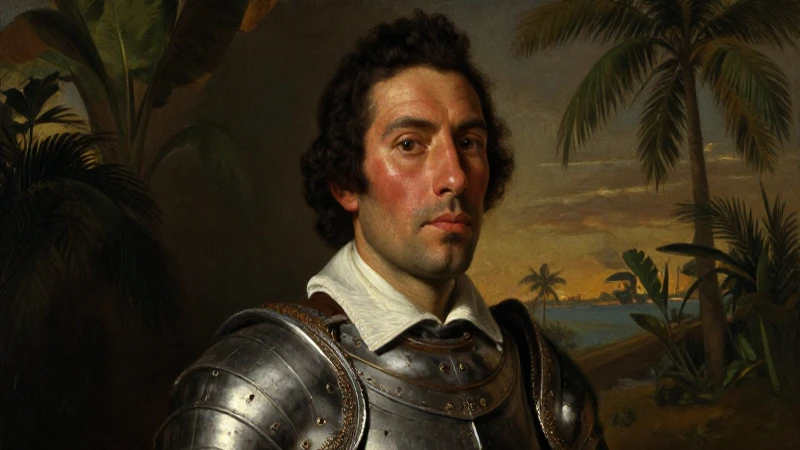 Diego Velázquez: El Conquistador Que Transformó Cuba 4 Retrato mestizo, conquistador en armadura, luz dramática