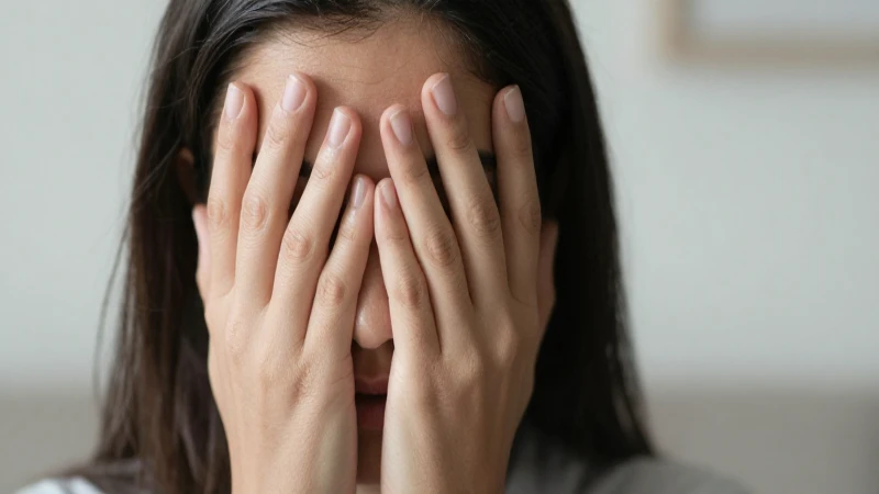 Mujer angustiada, rostro cubierto, luz suave