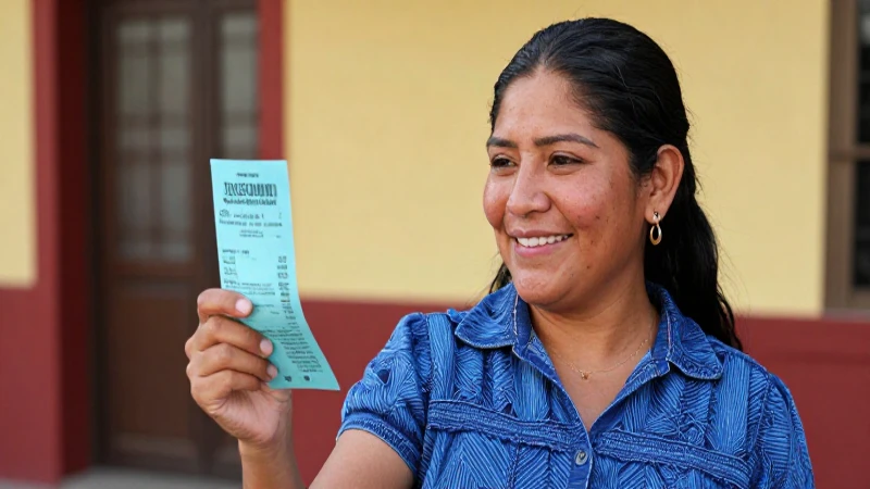 Mujer mestiza sonriente con factura azul