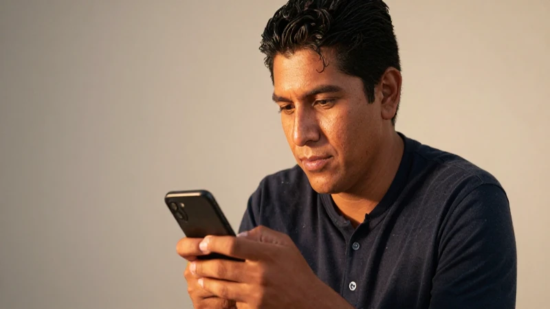 Hombre mexicano sonríe al sostener su móvil