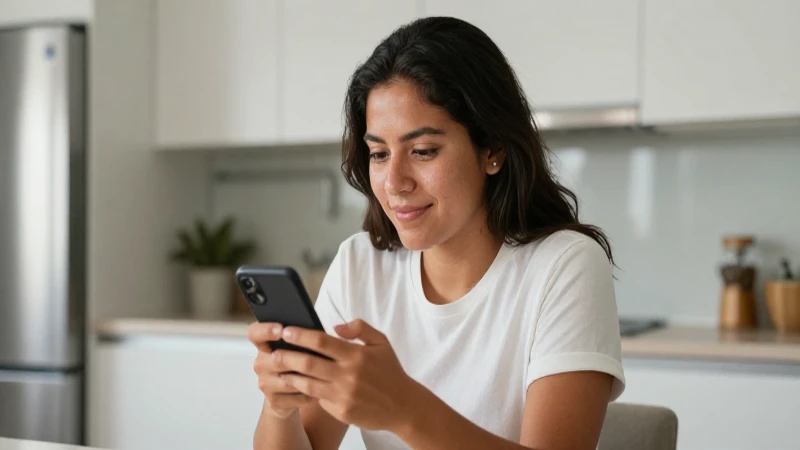 Cómo puedo pagar y consultar mi saldo en línea en C&A 4 Mexicano mestizo con smartphone en cocina moderna