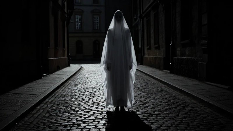 Calle de la Joya: Historia y Misterios que No Conoces 8 Figura espectral en calle de adoquines, atmósfera sombría