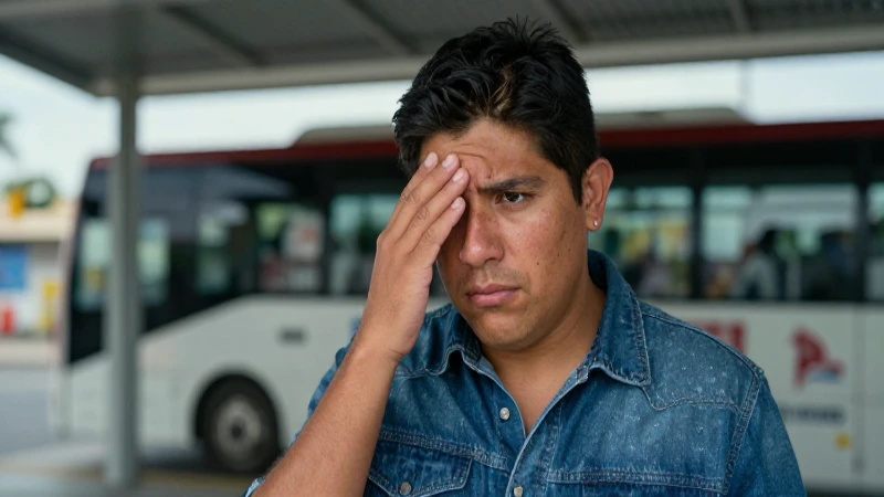 Joven mestizo frustrado en estación de autobuses