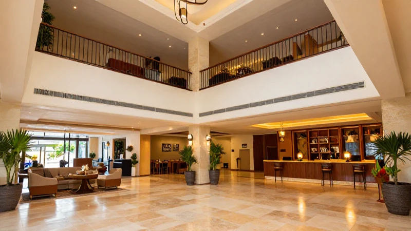 Lobby cálido con arquitectura moderna mexicana