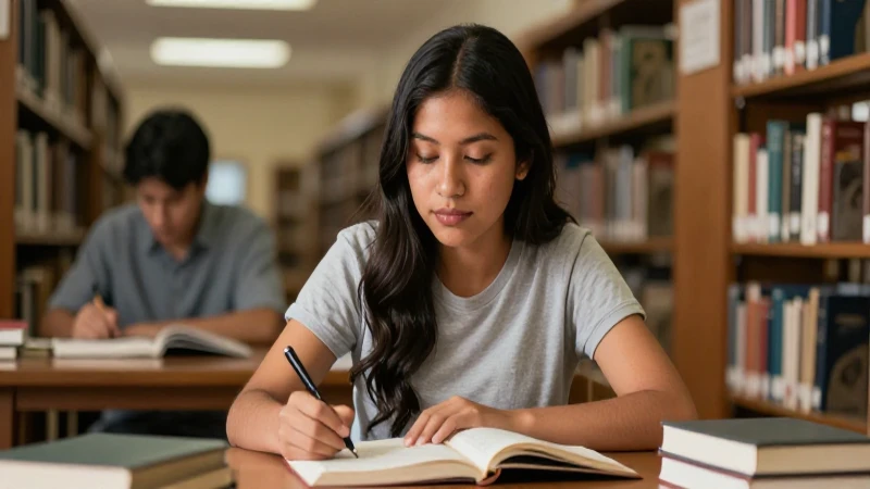Dónde estudiar y trabajar en Comunicación en México 3 Estudiante mestiza estudia en una biblioteca cálida