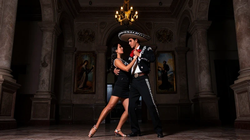 Pareja mestiza baila bajo luz barroca