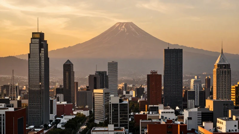 Horizonte de Ciudad de México, volcán y luz dorada