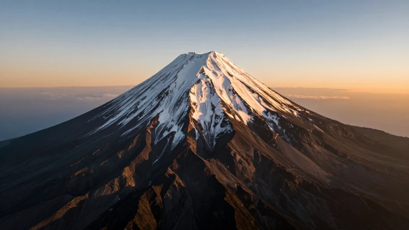 Volcán nevado al atardecer, vista impactante