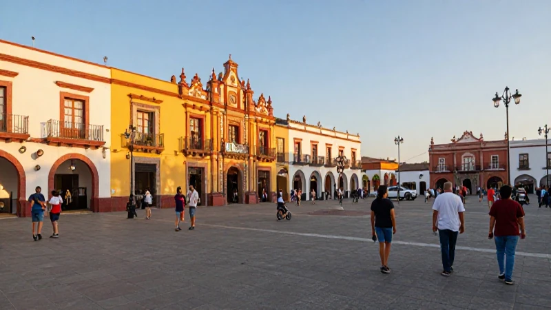 Luz cálida baña una plaza mexicana vibrante