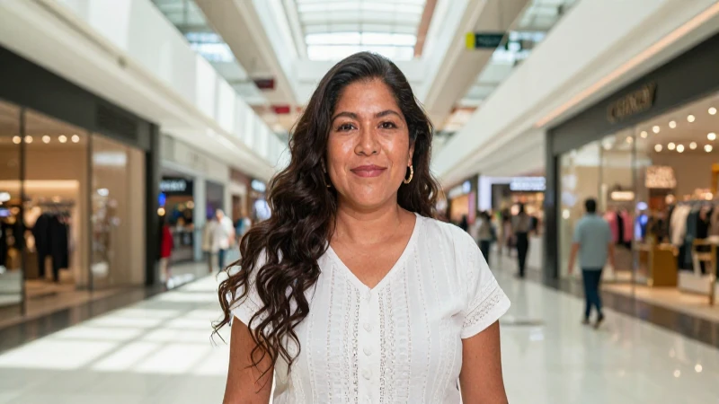 Centro comercial moderno con gente mestiza soleada