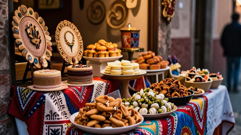 Comida y artesanías vibrantes, luz cálida