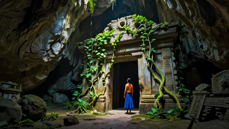 Una figura mestiza observa una cueva mística